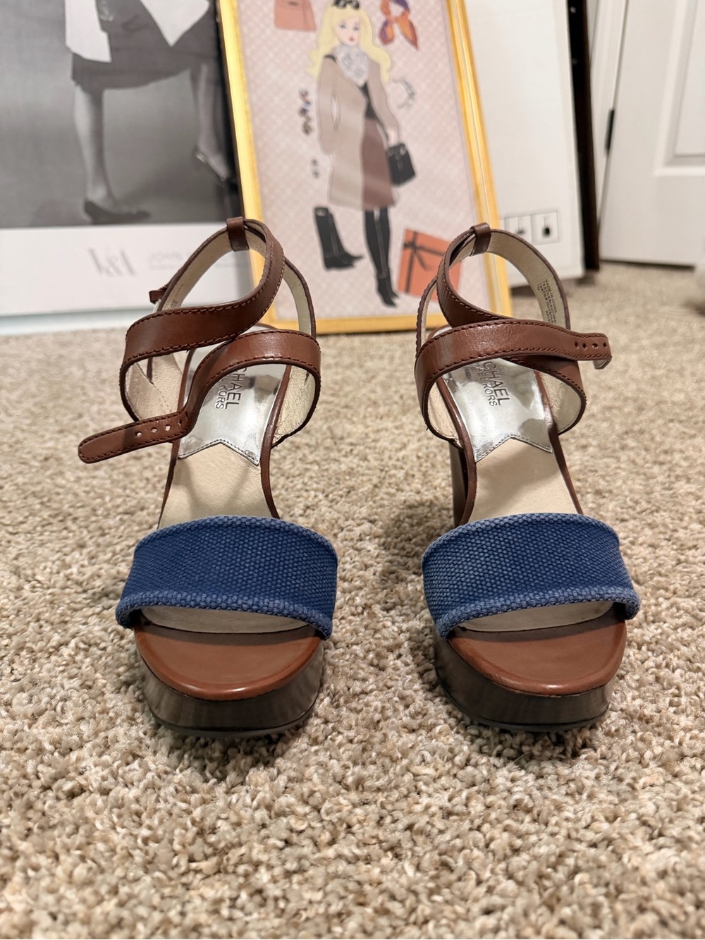 Michael Kors Brown Leather Sandal with Navy Front Band